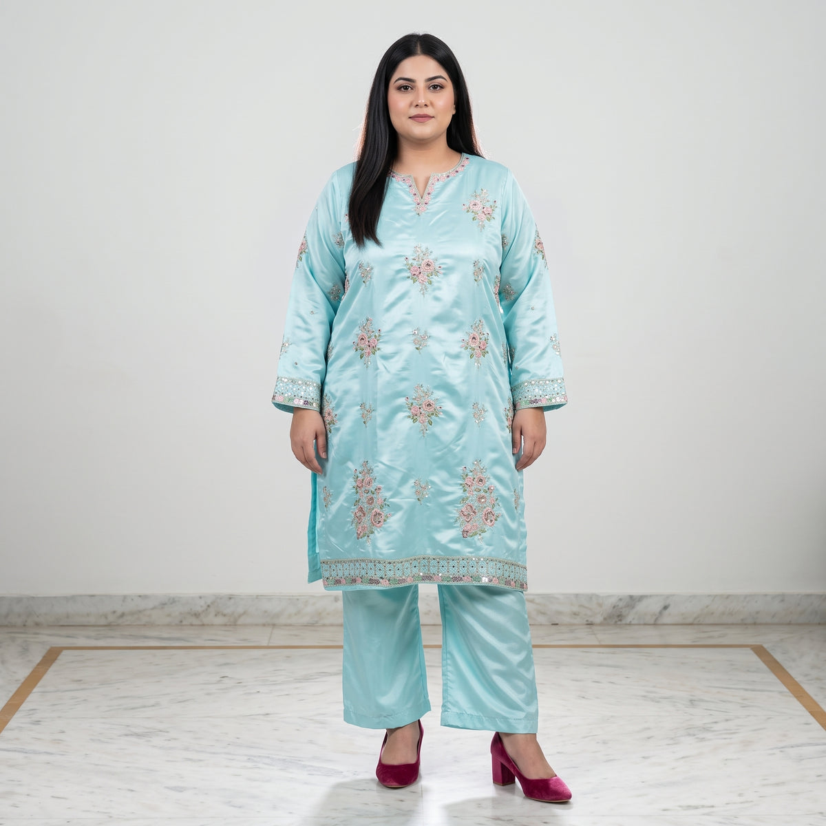 Sky Blue Embroidered Katan Silk 3-Piece Suit for Women 