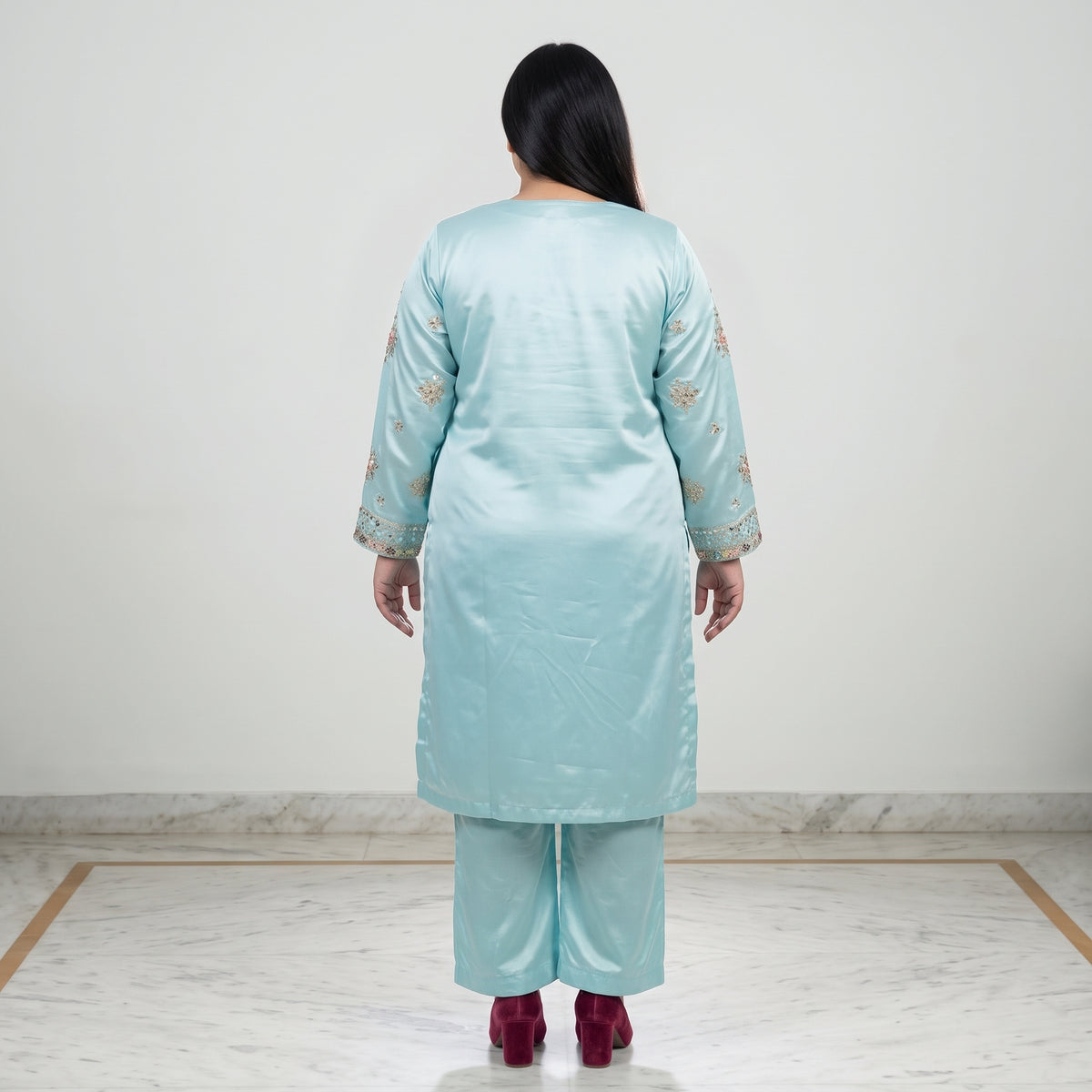Sky Blue Embroidered Katan Silk 3-Piece Suit for Women 