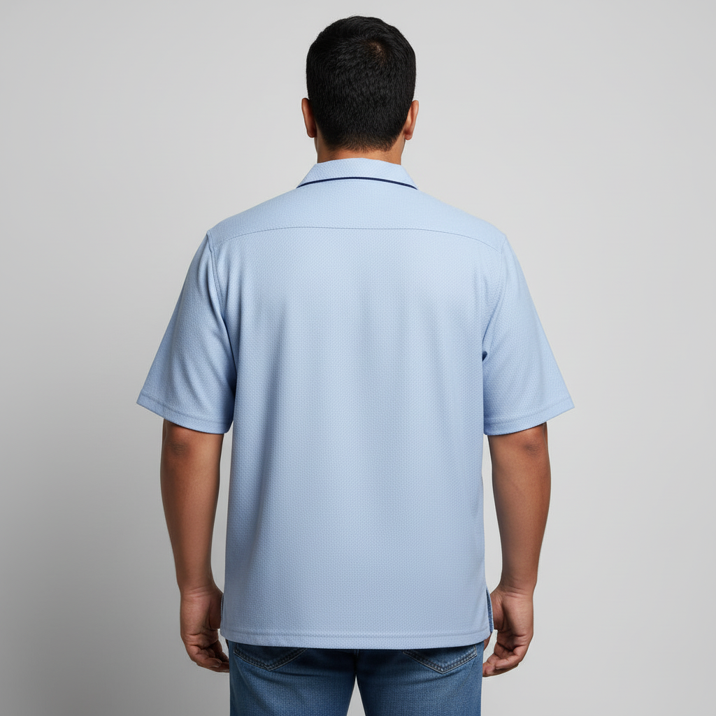 Men's sky blue popcorn cotton textured short sleeve button down safari shirt.