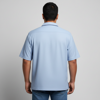 Men's sky blue popcorn cotton textured short sleeve button down safari shirt.
