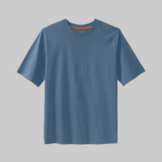 Slate blue big and tall crewneck T-shirt with relaxed fit, shrink-less cotton fabric, and taped neck seams.