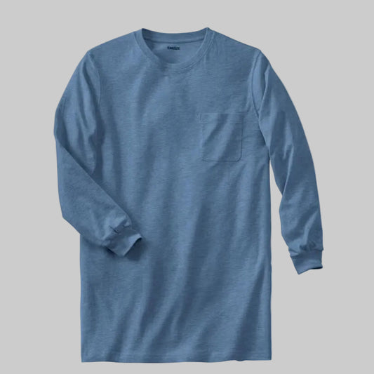 Slate blue big and tall long sleeve crewneck T-shirt with relaxed fit, ribbed cuffs, and shrink-less cotton jersey fabric.