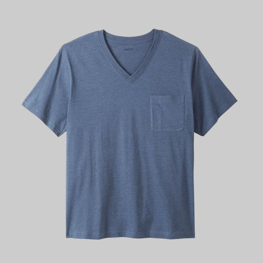 Slate blue big and tall pocket V-neck t-shirt with relaxed fit, soft breathable fabric, short sleeves, and extra length for comfortable everyday wear