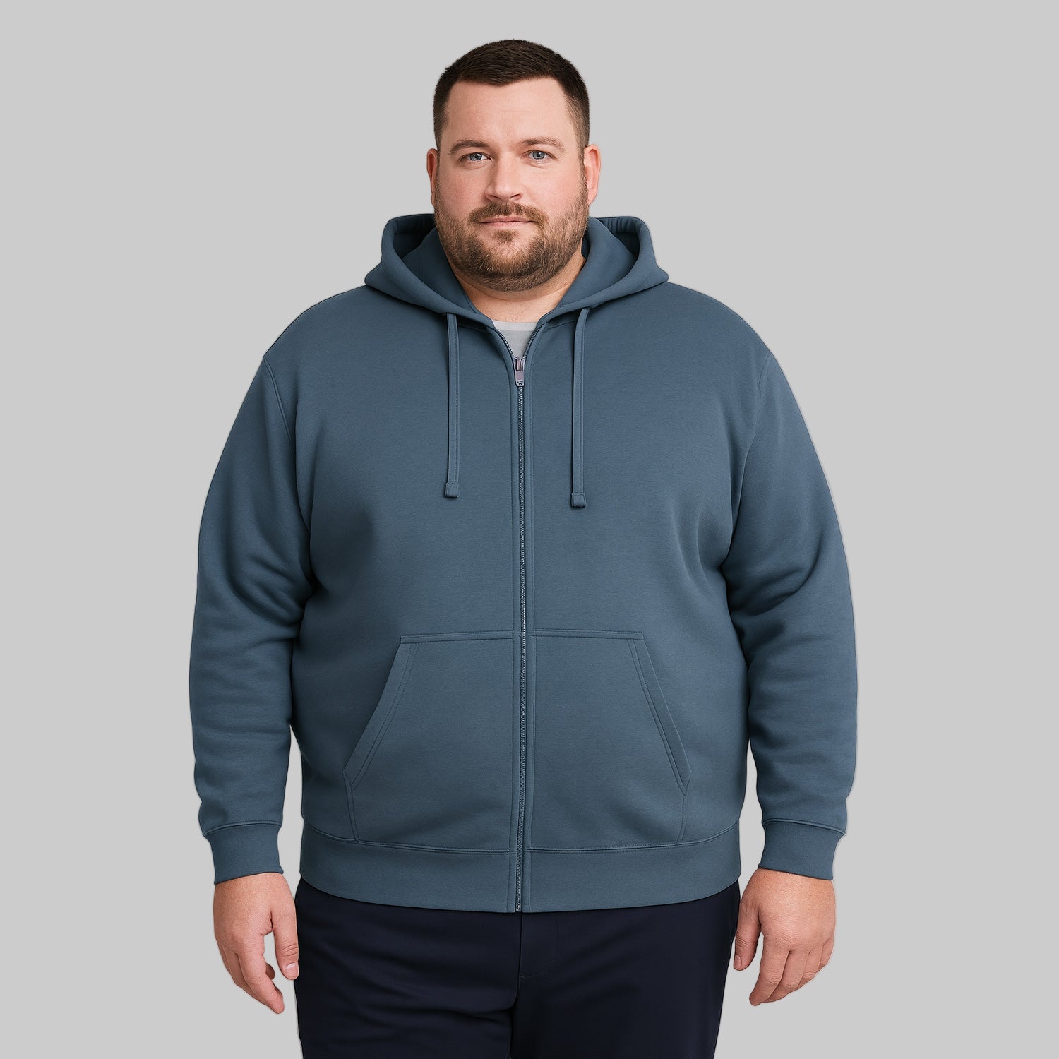 Front view of Slate Blue Full-Zip Plus Size Fleece Hoodie for men on white background.