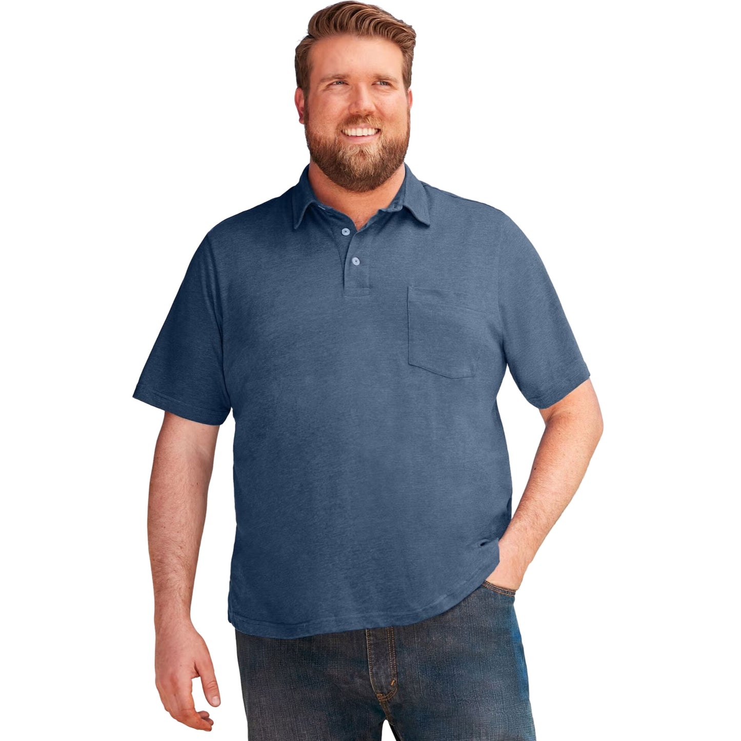 Slate blue big and tall jersey polo shirt with short sleeves and relaxed fit
