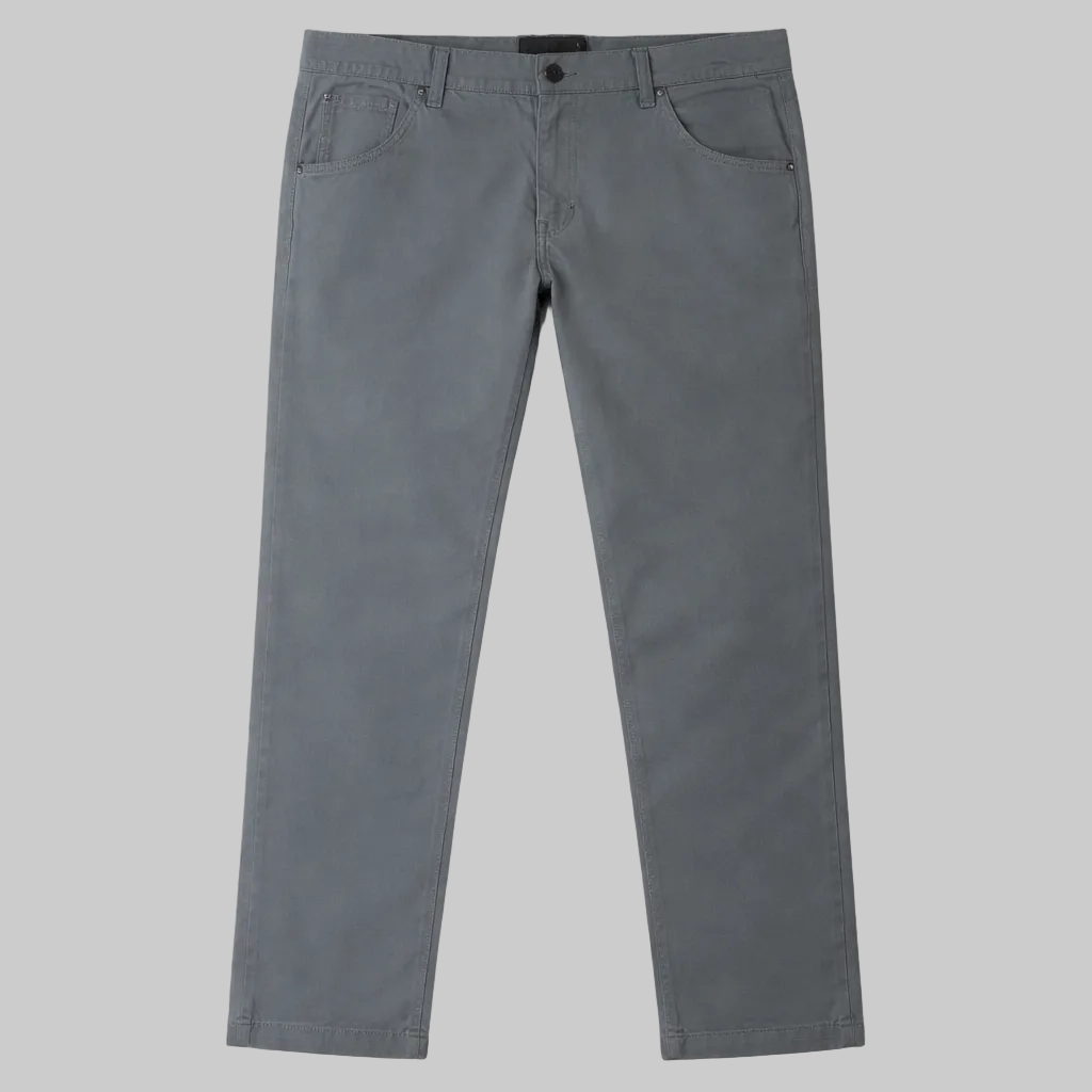 Men’s slate grey straight fit cotton pants laid flat showing waistband, pockets, and clean stitching on a white background.