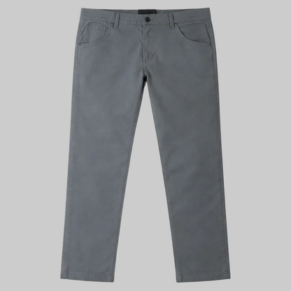 Men’s slate grey straight fit cotton pants laid flat showing waistband, pockets, and clean stitching on a white background.