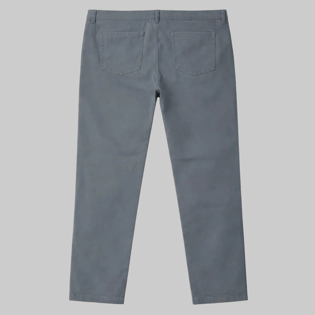 Men’s slate grey straight fit cotton pants laid flat showing waistband, pockets, and clean stitching on a white background.