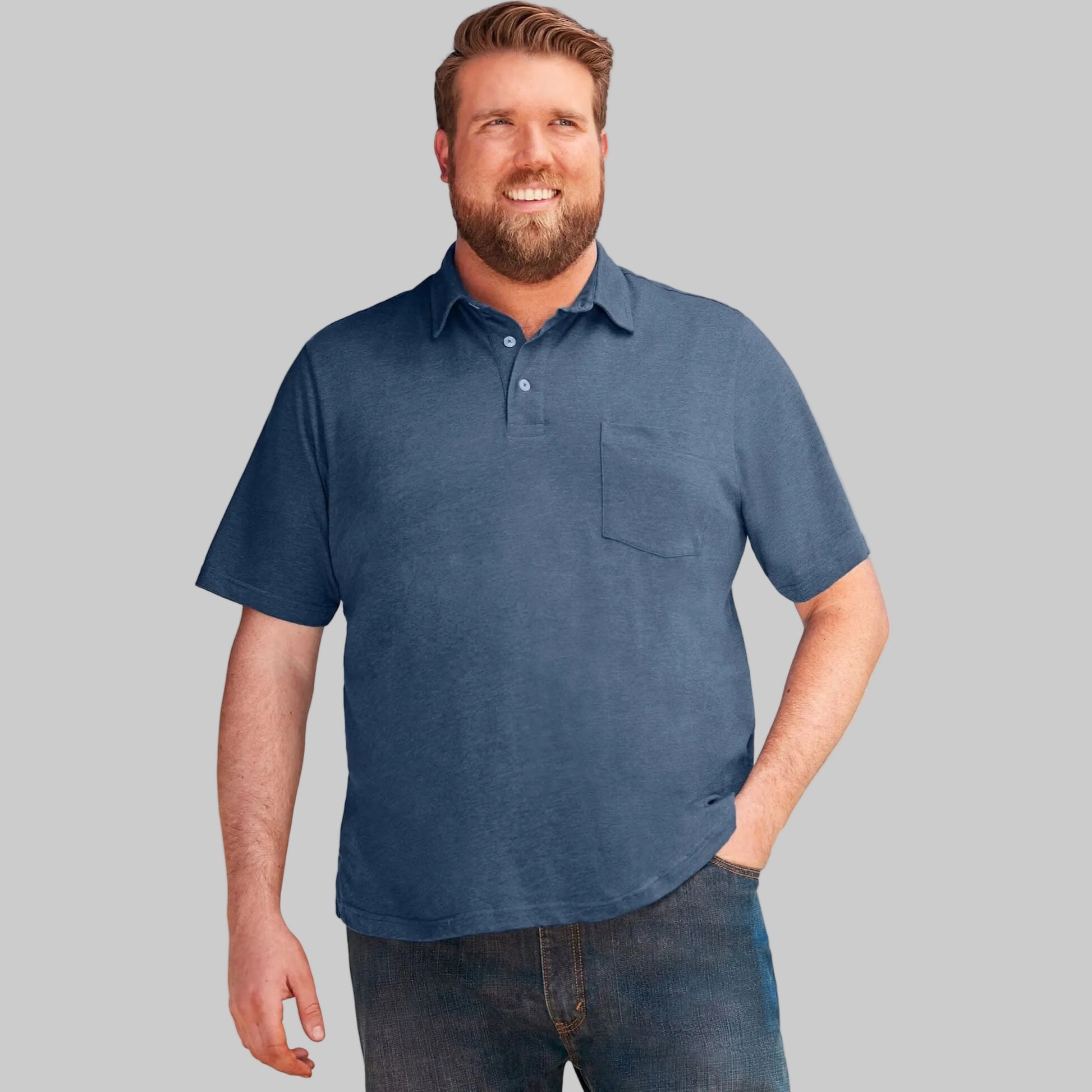 Slate blue jersey Big & Tall polo shirt with short sleeves, button placket, and chest pocket.