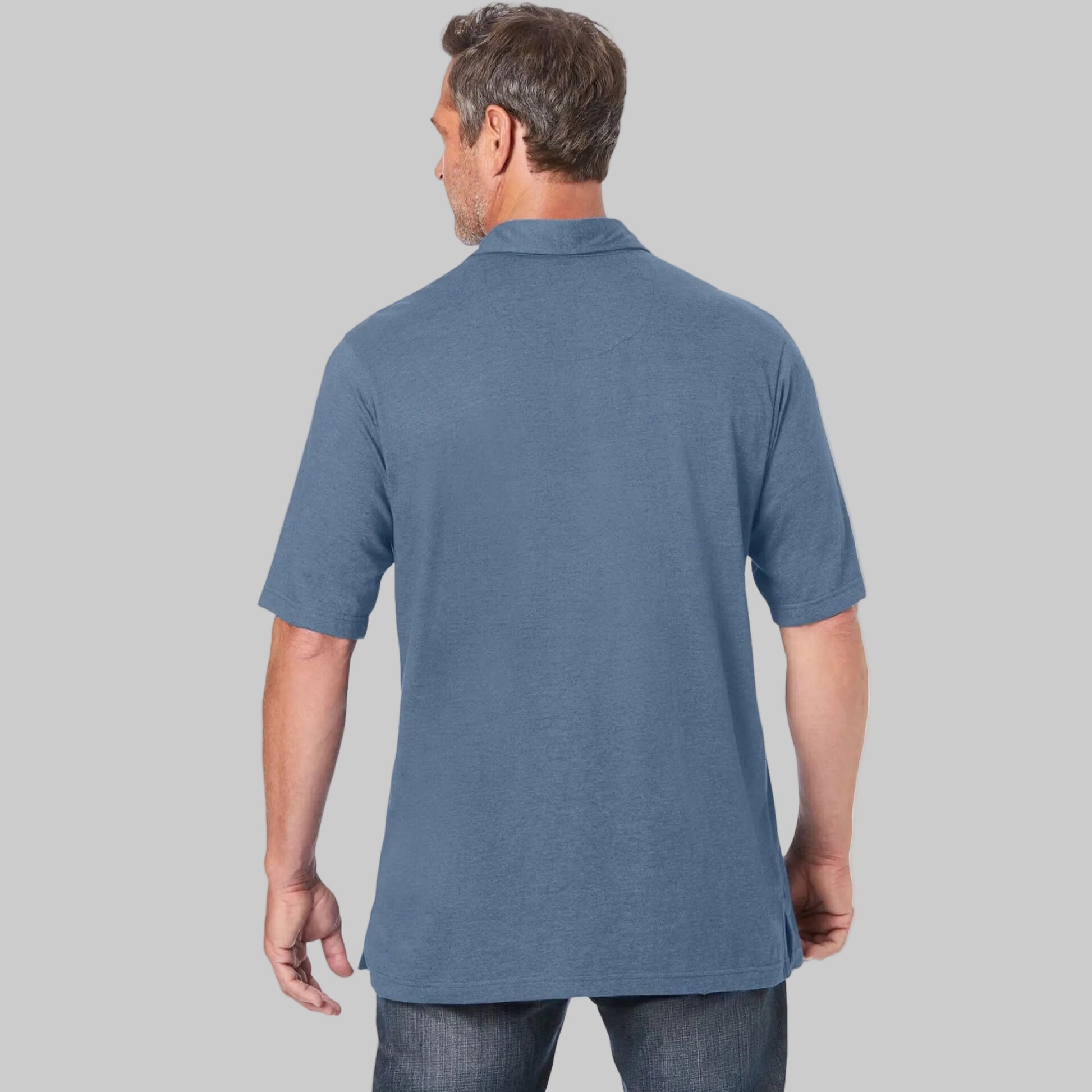 Slate blue jersey Big & Tall polo shirt with short sleeves, button placket, and chest pocket.