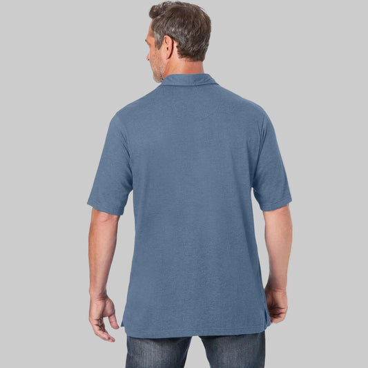 Slate blue jersey Big & Tall polo shirt with short sleeves, button placket, and chest pocket.