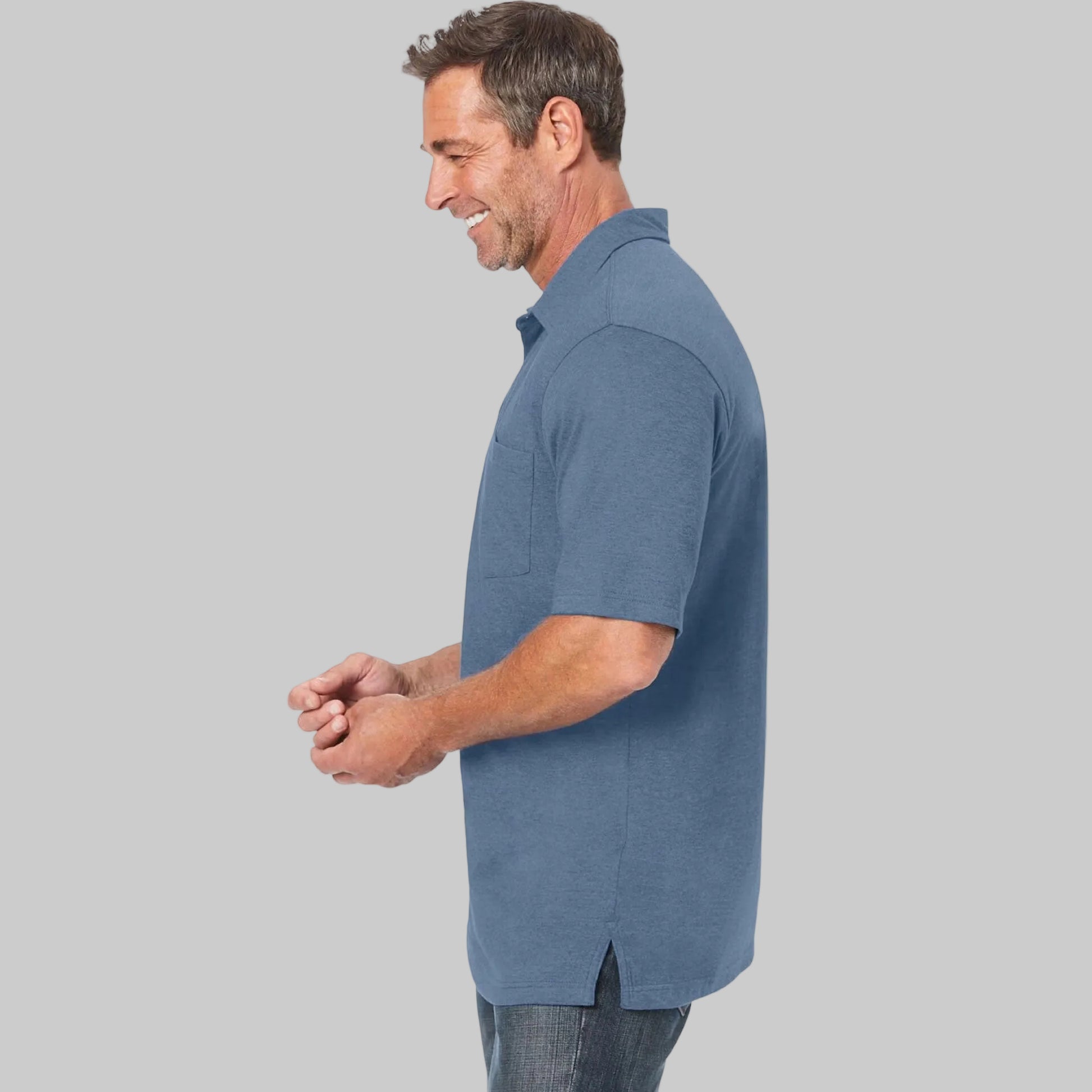 Slate blue jersey Big & Tall polo shirt with short sleeves, button placket, and chest pocket.