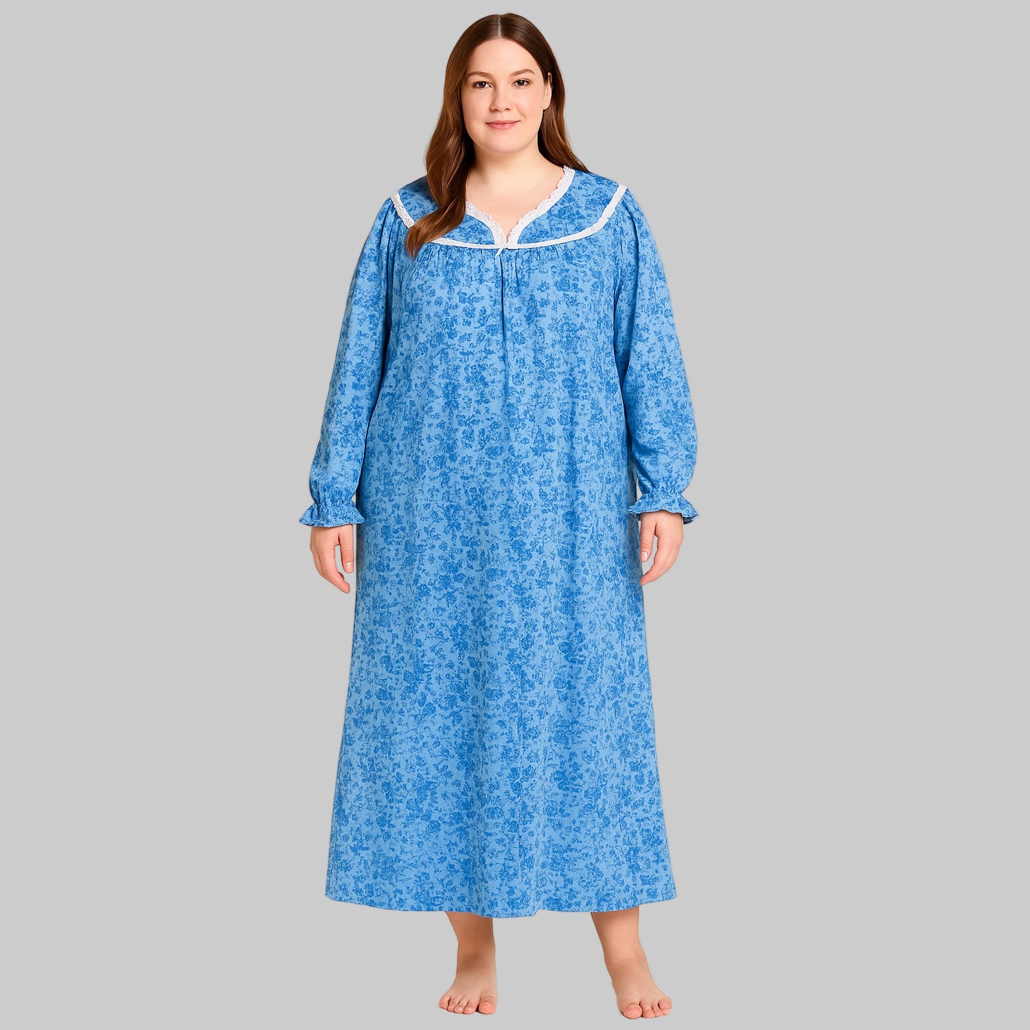 Plus size soft blue flannel nightgown with lace trim – 52-inch cotton long sleepwear for women
