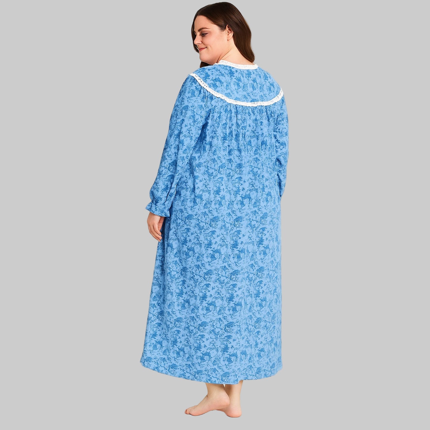 Plus size soft blue flannel nightgown with lace trim – 52-inch cotton long sleepwear for women