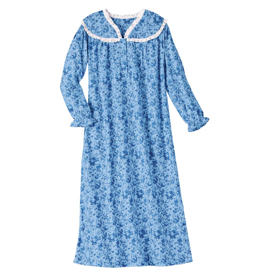 Plus size soft blue flannel nightgown with lace trim – 52-inch cotton long sleepwear for women