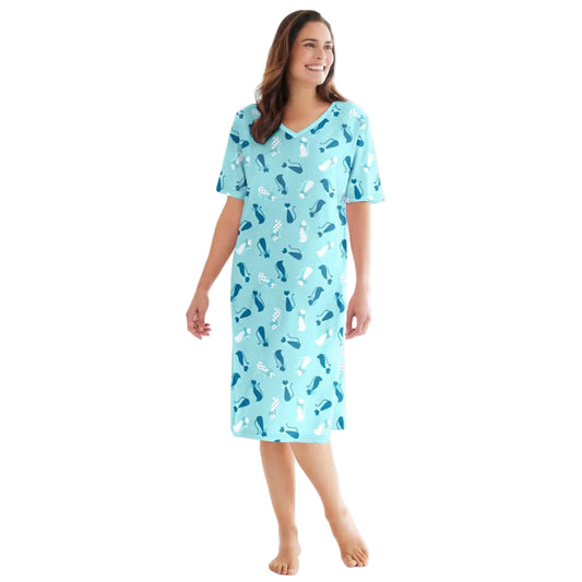 Pale ocean short print sleepshirt in soft cotton with whimsical print, ribbed V-neck, short sleeves, and relaxed A-line fit.
