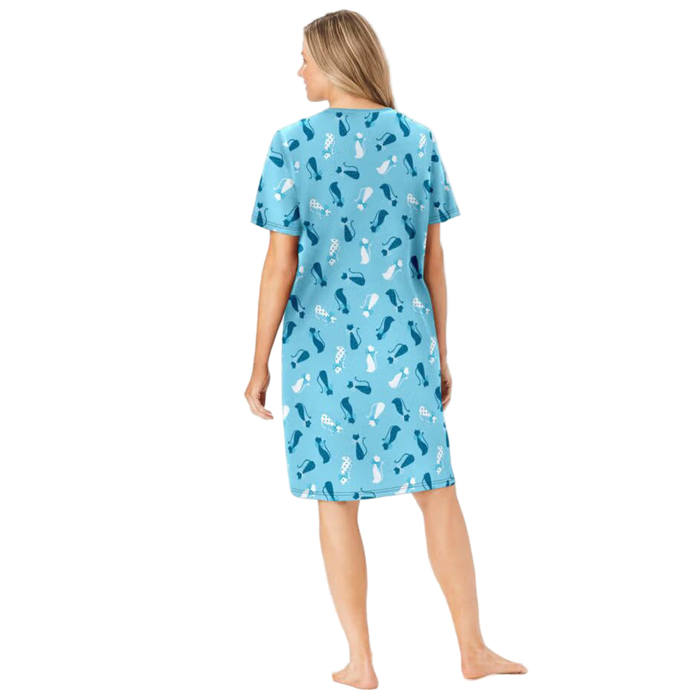 Pale ocean short print sleepshirt in soft cotton with whimsical print, ribbed V-neck, short sleeves, and relaxed A-line fit.