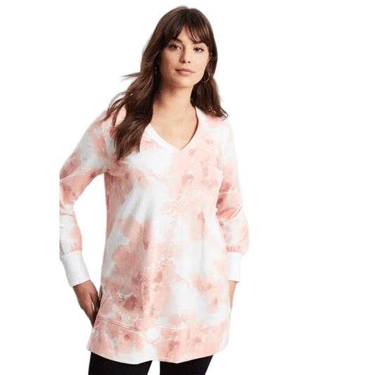 Close-up of blush tie-dye fabric texture and V-neckline
