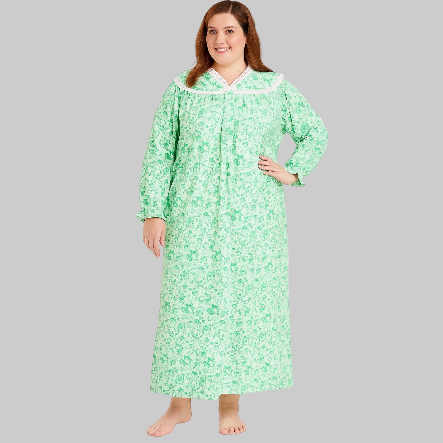 Plus size soft green long flannel nightgown with lace trim