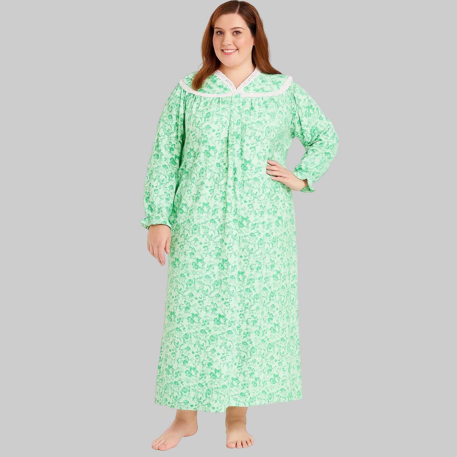 Plus size soft green long flannel nightgown with lace trim