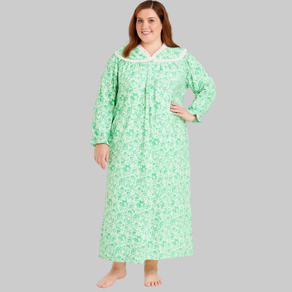Plus size soft green long flannel nightgown with lace trim