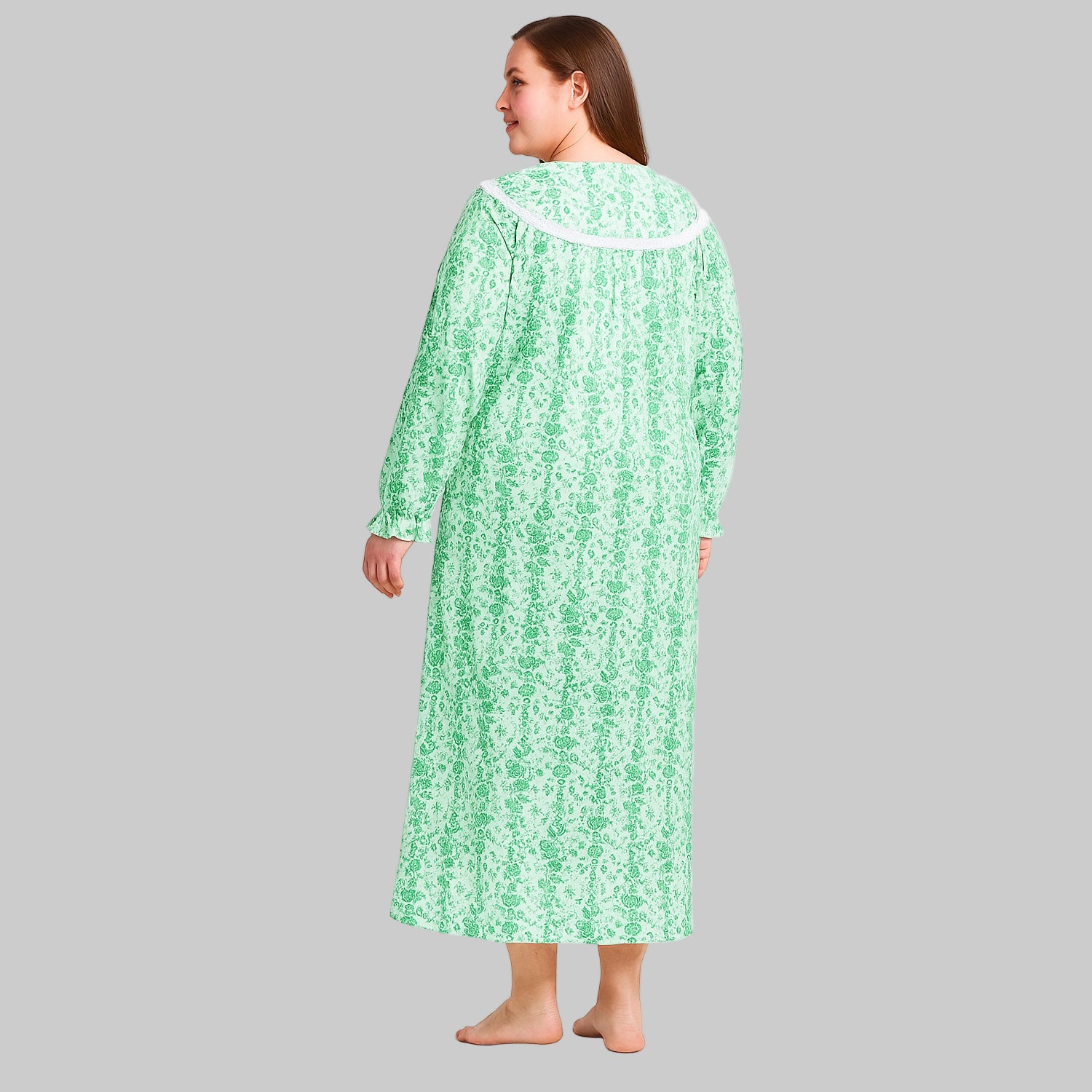 Plus size soft green long flannel nightgown with lace trim