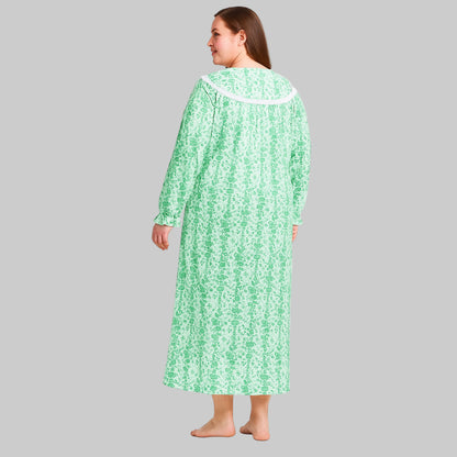Plus size soft green long flannel nightgown with lace trim