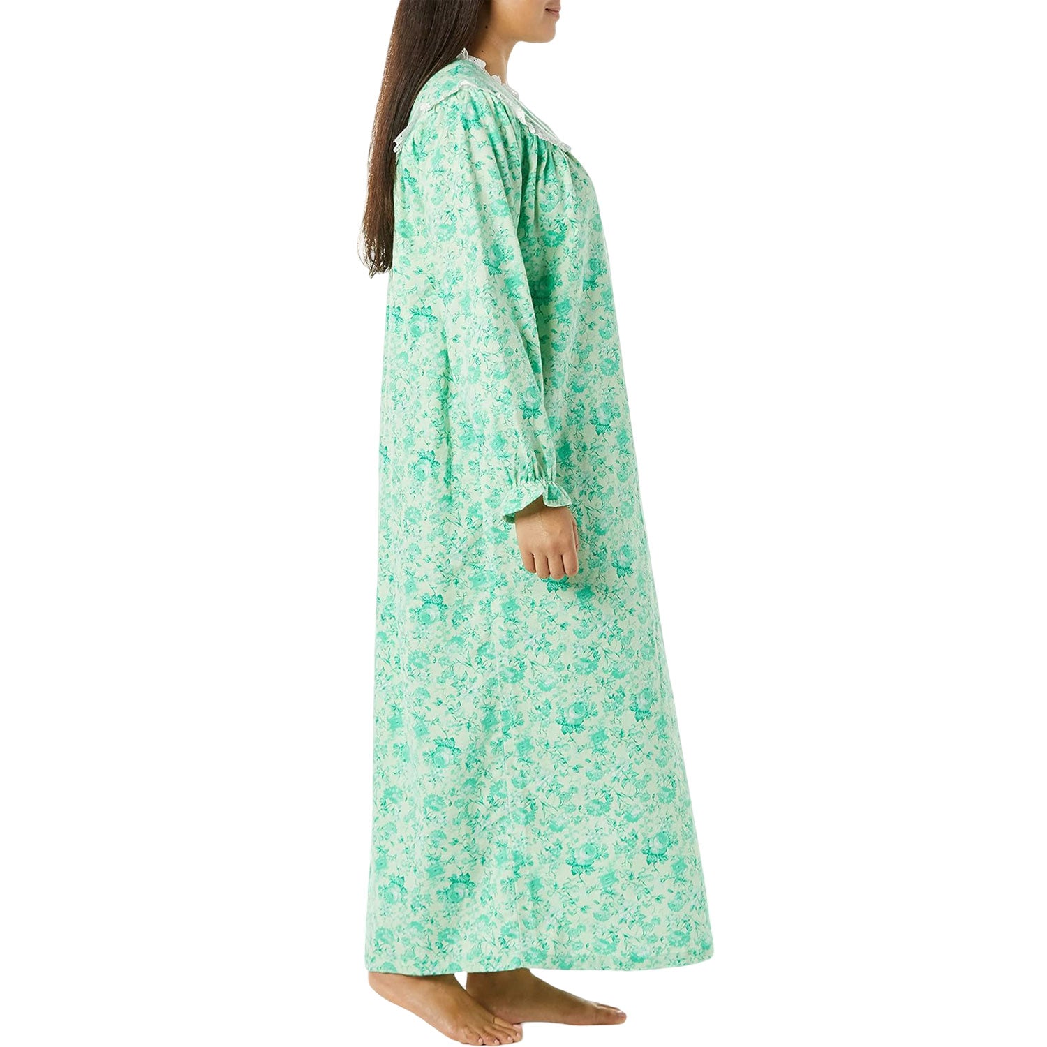 Plus size soft green long flannel nightgown with lace trim