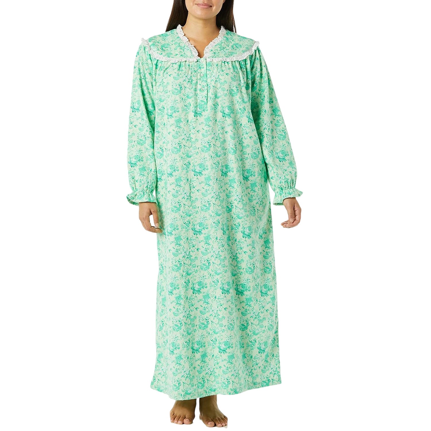 Plus size soft green long flannel nightgown with lace trim