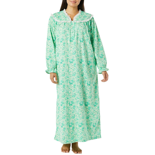 Plus size soft green long flannel nightgown with lace trim