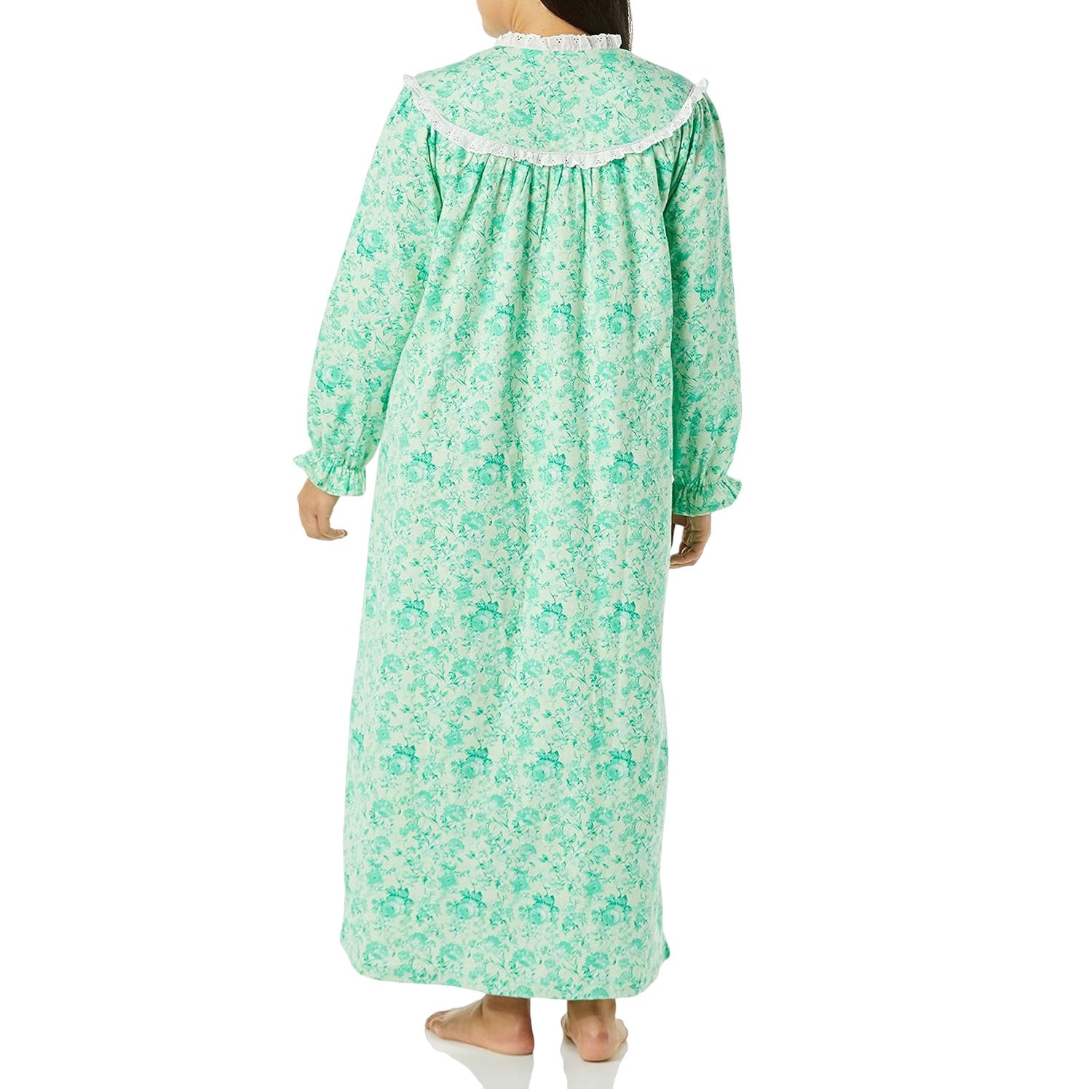 Plus size soft green long flannel nightgown with lace trim
