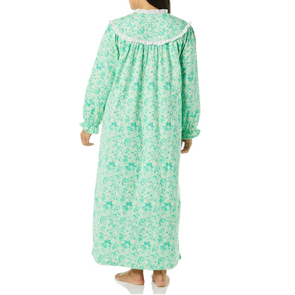 Plus size soft green long flannel nightgown with lace trim
