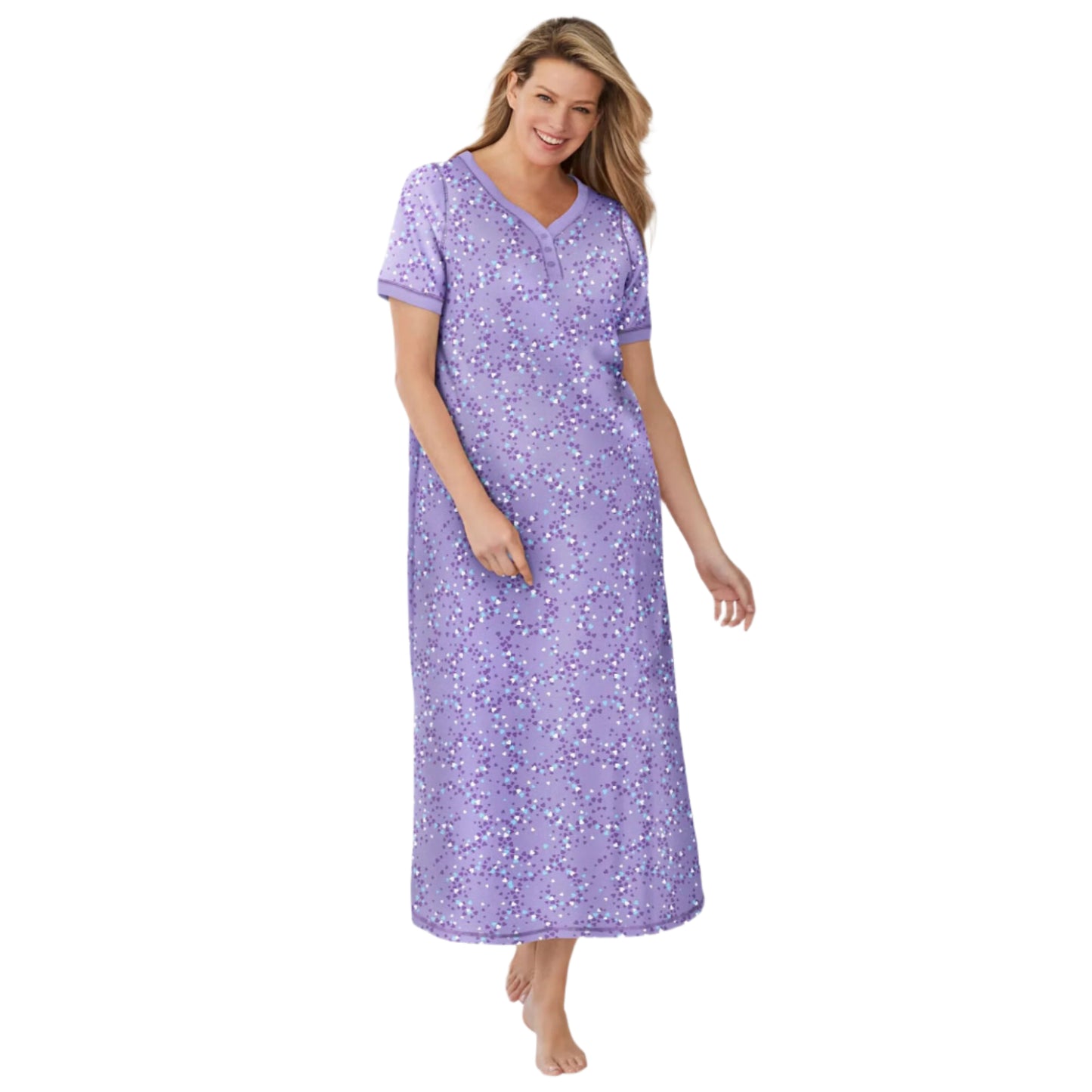 Woman wearing Soft Iris heart-print Henley sleepshirt with short sleeves and side slit