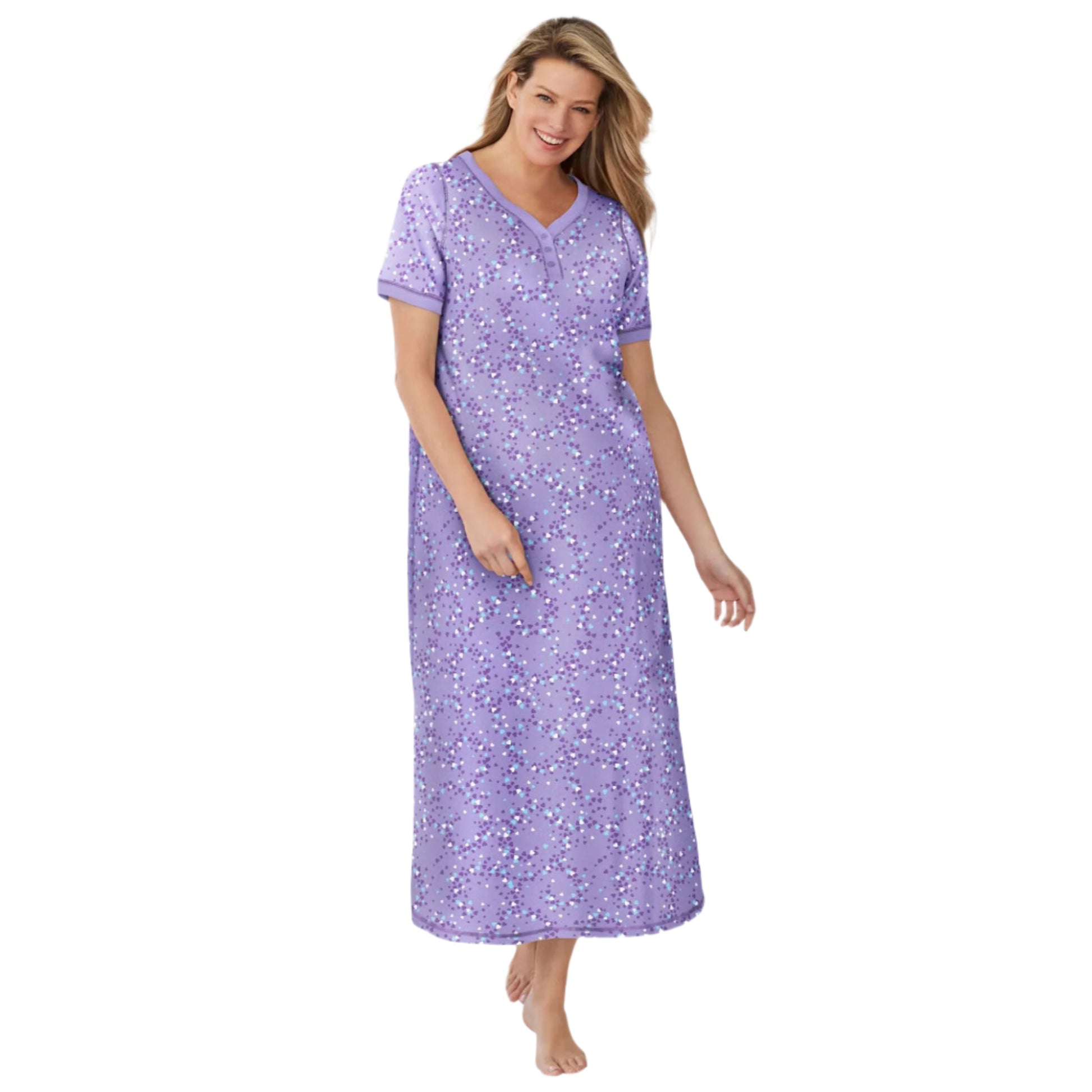 Woman wearing Soft Iris heart-print Henley sleepshirt with short sleeves and side slit