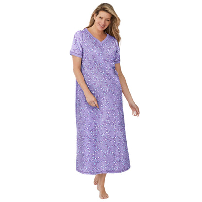 Woman wearing Soft Iris heart-print Henley sleepshirt with short sleeves and side slit