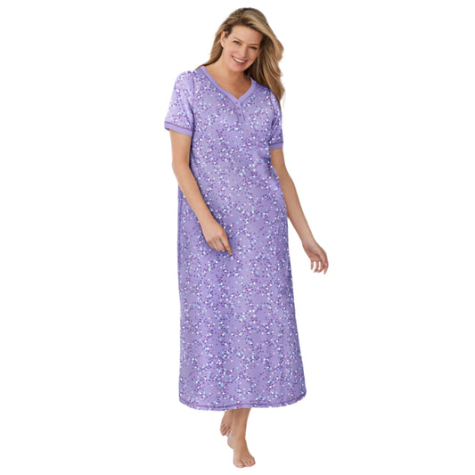 Woman wearing Soft Iris heart-print Henley sleepshirt with short sleeves and side slit