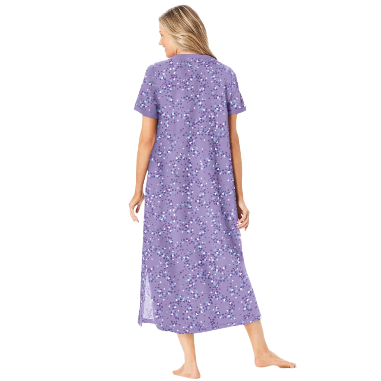 Woman wearing Soft Iris heart-print Henley sleepshirt with short sleeves and side slit