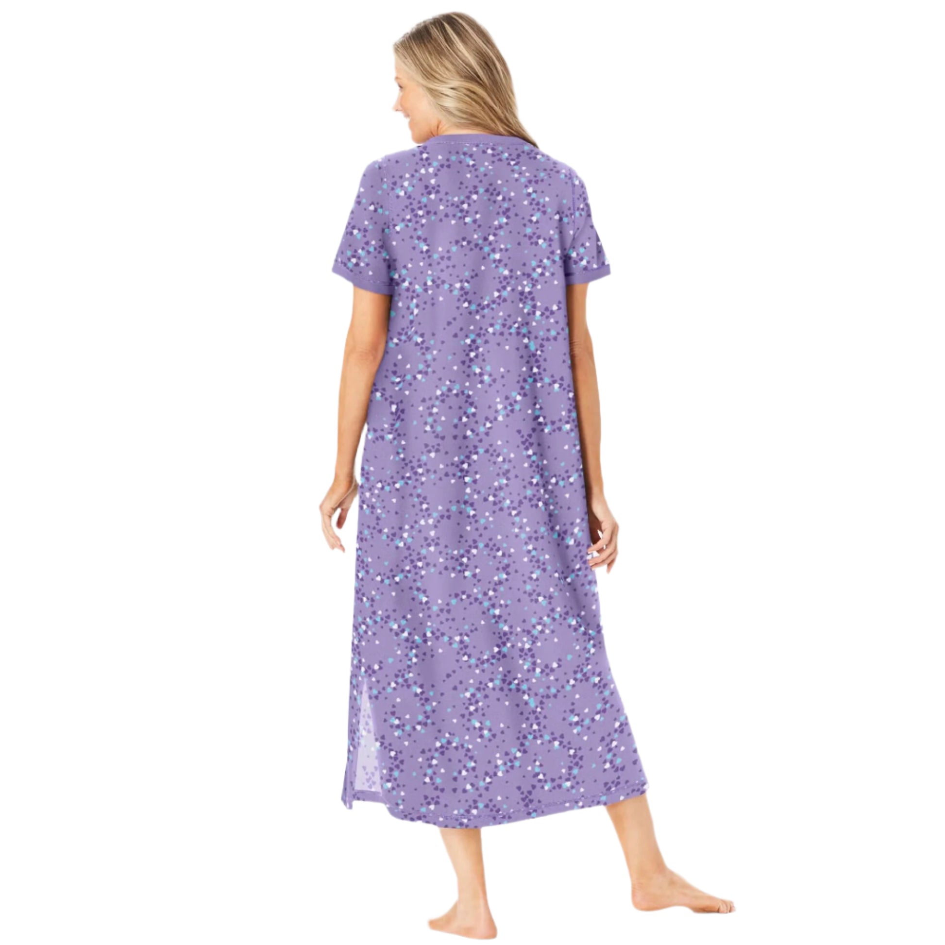 Woman wearing Soft Iris heart-print Henley sleepshirt with short sleeves and side slit