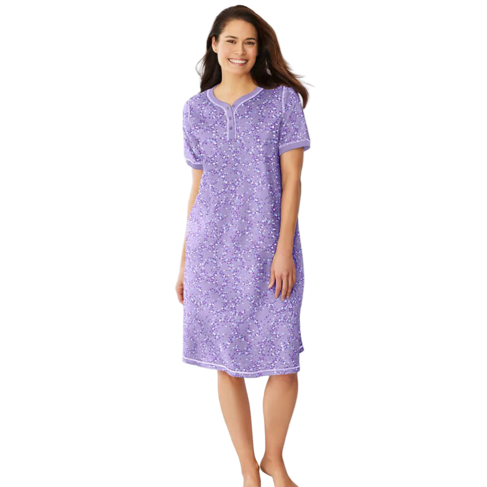 Soft Iris Hearts Plus Size Short Henley Sleepshirt with Y-neck and short sleeves.