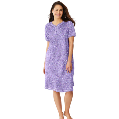Soft Iris Hearts Plus Size Short Henley Sleepshirt with Y-neck and short sleeves.