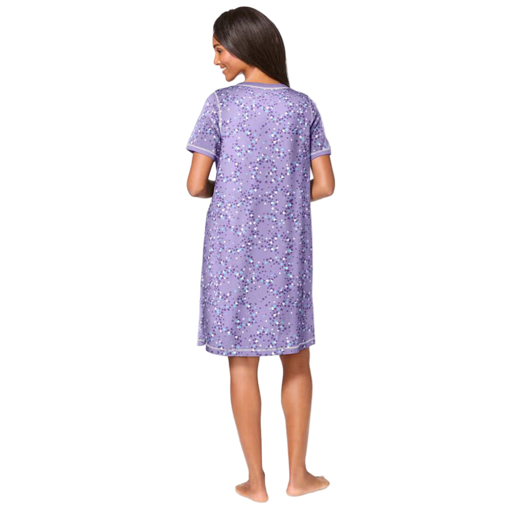 Soft Iris Hearts Plus Size Short Henley Sleepshirt with Y-neck and short sleeves.