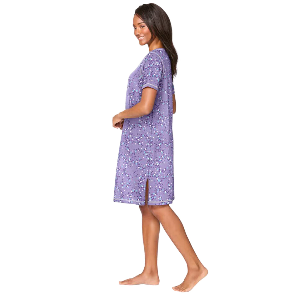 Soft Iris Hearts Plus Size Short Henley Sleepshirt with Y-neck and short sleeves.