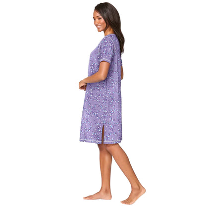 Soft Iris Hearts Plus Size Short Henley Sleepshirt with Y-neck and short sleeves.