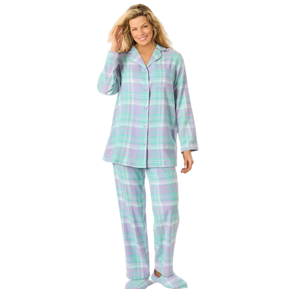 Women’s Soft Iris Plaid Classic Flannel Pajama Set with button-front shirt, notched collar, picot trim, and relaxed elastic waist pants made from brushed cotton.