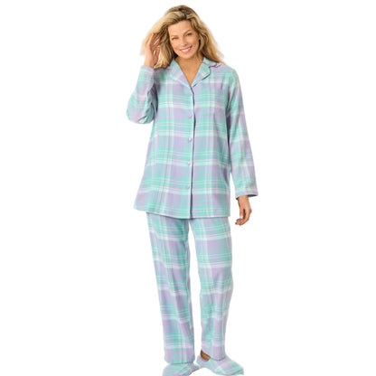 Women’s Soft Iris Plaid Classic Flannel Pajama Set with button-front shirt, notched collar, picot trim, and relaxed elastic waist pants made from brushed cotton.