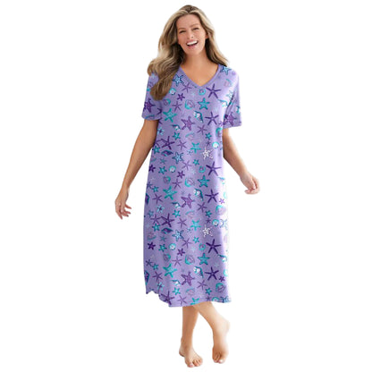 Soft Iris V-Neck Plus Size Long Sleepshirt with whimsical print and A-line design.