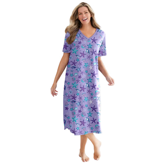 Soft Iris V-Neck Plus Size Long Sleepshirt with whimsical print and A-line design.
