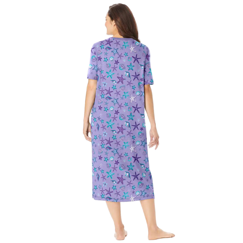 Soft Iris V-Neck Plus Size Long Sleepshirt with whimsical print and A-line design.