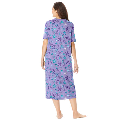 Soft Iris V-Neck Plus Size Long Sleepshirt with whimsical print and A-line design.