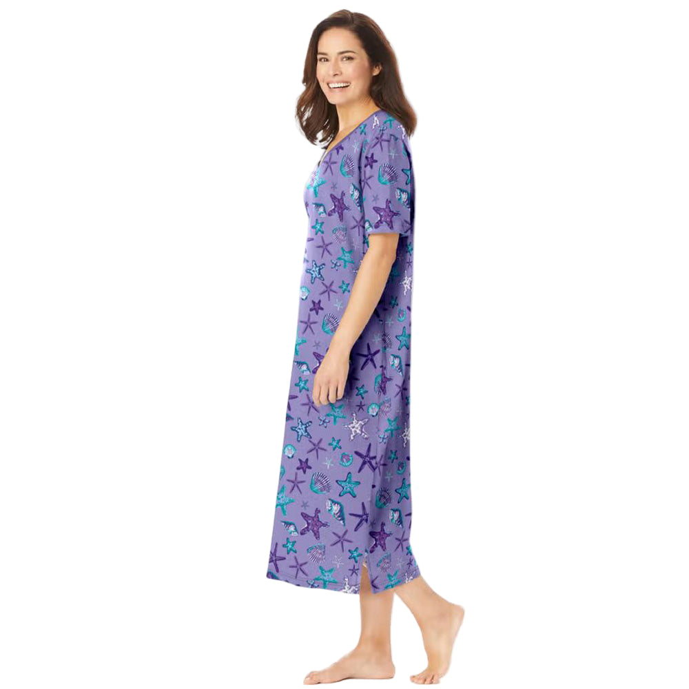Soft Iris V-Neck Plus Size Long Sleepshirt with whimsical print and A-line design.